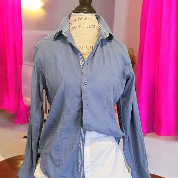 Franky Max cotton button down shirt. Baby blue with white stitching accent - Picture 16 of 16